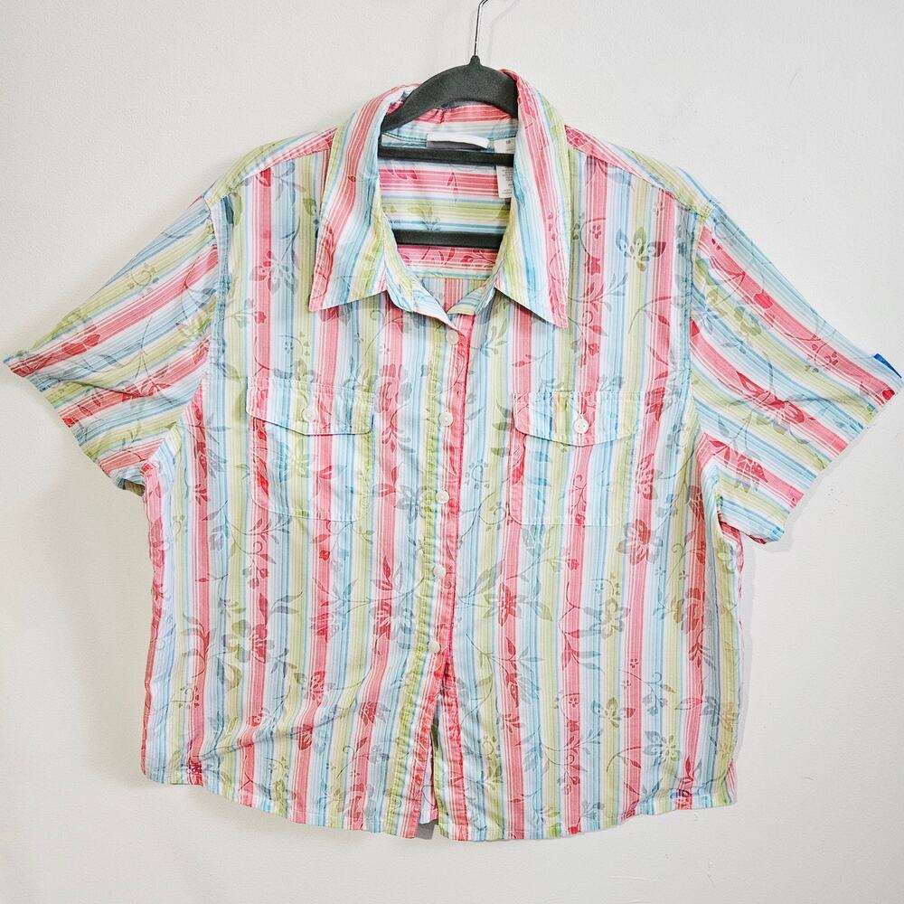 Alfred Dunner Womens Size 16 Button Front Blouse Multicolor Summer Stripe Floral